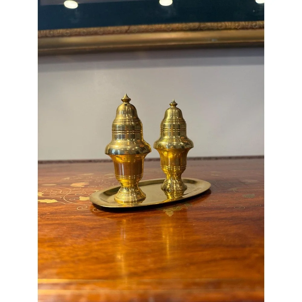 Vintage Brass Salt and Pepper‎ Shaker Set with Tray
